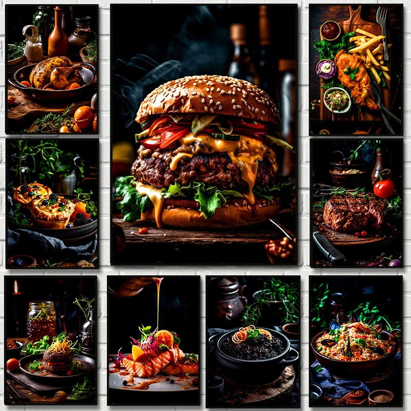 Photography Food - Western Food Hamburger Steak Chips Salmon